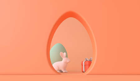 Easter bunny rabbit seen through an easter egg shaped hole. 3D Renderingの写真素材