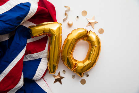 Number 70 balloons on a united kingdom union jack flag. Patinum jubilee celebrationsの写真素材