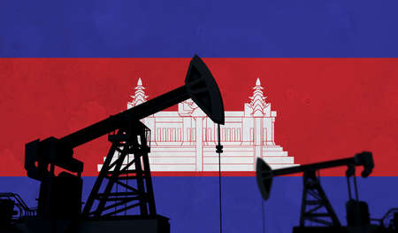 Oil and gas industry background. Oil pump silhouette against a cambodia flag. 3D Renderingの写真素材