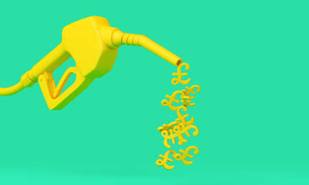 Gas station fuel pump with pound sterling symbols. Fuel cost concept. 3D renderingの写真素材