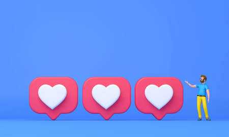 Social media likes concept. Cartoon character man standing next to a like social icon. 3D Render