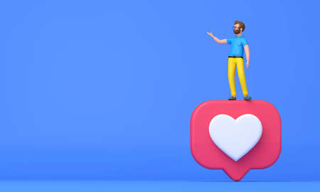 Social media likes concept. Cartoon character man standing next to a like social icon. 3D Renderの写真素材