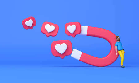 A man standing next to a large magnet attracting social media likes. 3D Render