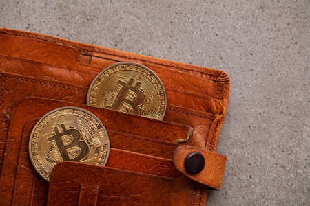 Brown leather crypto curreency wallet with a bitcoin gold coin. Digital finance conceptの写真素材