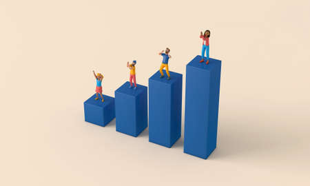 Business growth and development illustration. People on a bar chart. 3D Renderingの写真素材