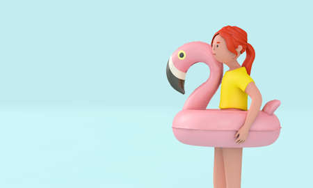 3D woman character wearing a pink inflatable flamingo pool float. Summer concept. 3D Renderingの写真素材