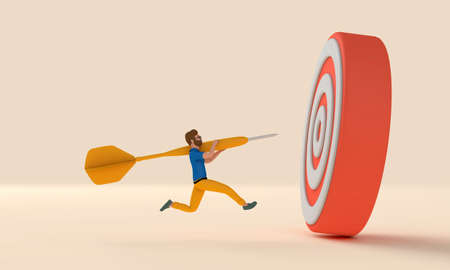 Male character throwing dart into a target. Business goals concept. 3D Rendering
