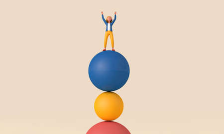 A female character balancing on unstable shapes. 3D Renderingの写真素材