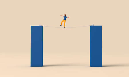 Person walking on a tight rope across a gap. Business challenge concept. 3D Renderingの写真素材
