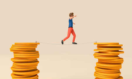 Man balancing on a tightrope between two stacks of coins. 3D Renderingの写真素材