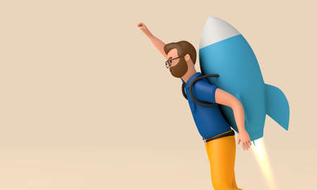 Business start up concept. Character with a rocket. 3D Rendering