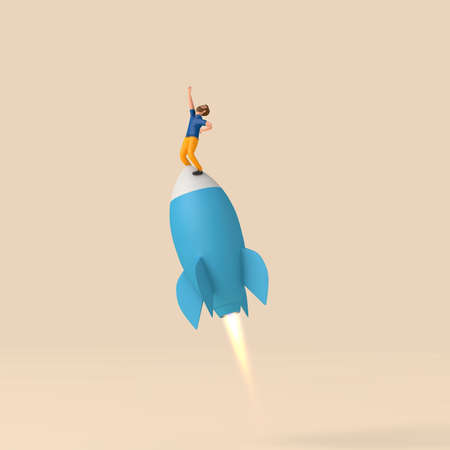 Business start up concept. Character with a rocket. 3D Rendering