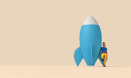 Business start up concept. Character with a rocket. 3D Rendering