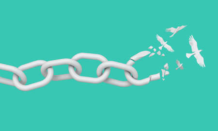 A chain breaking and turning into peace doves. Freedom concept. 3D Rendering
