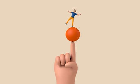 A male character balancing on a large finger. 3D Rendering