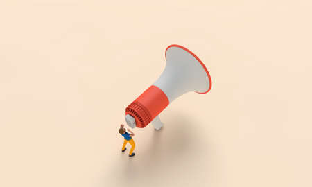 Male character using a megaphone. Business announcement. 3D Renderingの写真素材