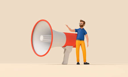 Character using a megaphone. Business announcement. 3D Rendering