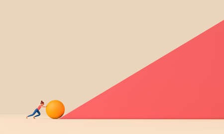 Female character pushing a large ball up a steep hill. Business determination concept. 3D Renderingの写真素材