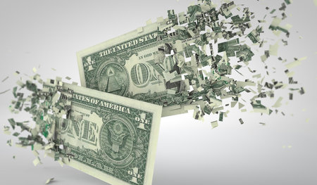 One dollar bill breaking into pieces. Inflation and recession concept. 3D Renderingの写真素材