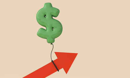 Rate of inflation concept. Red arrow being pulled up by a dollar sign balloon. 3D Renderingの写真素材