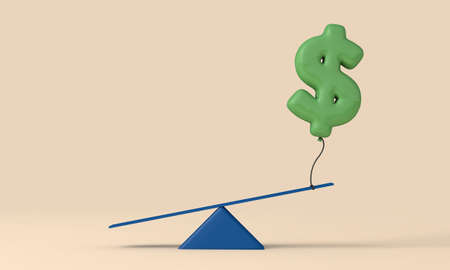 Dollar sign balloon tied to a seesaw balance. 3D Renderingの写真素材