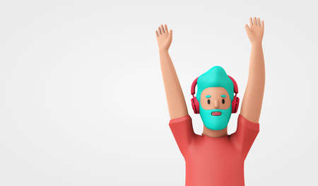 Hipster trendy male character celebrating with arms raised. 3D Rendering