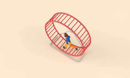 Office worker running in a loop on a hamster wheel. Business rat race concept. 3D Renderingの写真素材