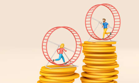 Office worker running in a loop on a hamster wheel. Business rat race concept. 3D Renderingの写真素材