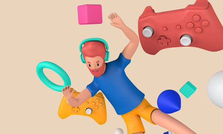 Video game concept. Young gamer surrounded by games controller and abstract shapes. 3D Renderingの写真素材