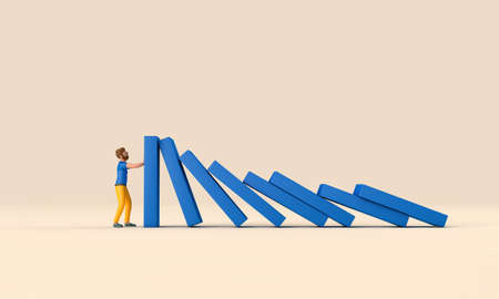 Businessman character holding up a falling row of dominoes. Business support concept. 3D Rendering