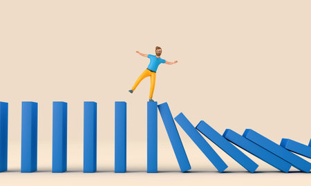 Businessman character balancing on a falling row of dominoes. Business support concept. 3D Renderingの写真素材