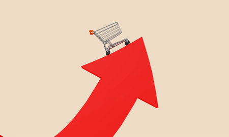 Cost of living crisis. Price of food shopping. Shopping cart on a red arrow. 3D Renderingの写真素材