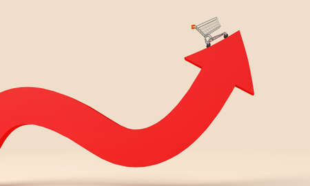 Cost of living crisis. Price of food shopping. Shopping cart on a red arrow. 3D Renderingの写真素材