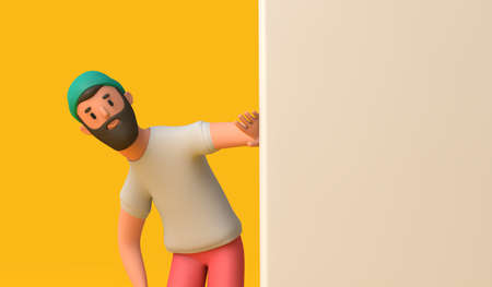 Curious hipster 3D character peering from behind a blank wall. 3D Rendering