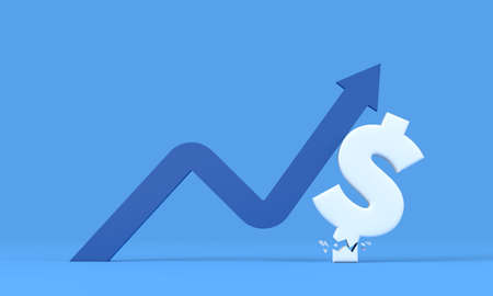Dollar currency symbol being knocked over by a rising red inflation arrow. 3D Renderingの写真素材