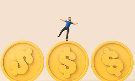 Person balancing on top of a dollar currency coin. Uncertain economy. 3D Rendering