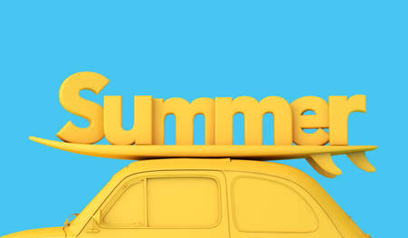 Yellow vintage retro car with a surfboard on the roof and the word summer. Road trip vacation...