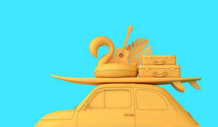 Yellow vintage retro car with a surfboard and holiday suitcase on the roof. Road trip vacation background. 3D Renderingの写真素材