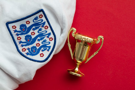 LONDON, UK - August 2022: Three lions national emblem badge on an England football team shirtのeditorial素材
