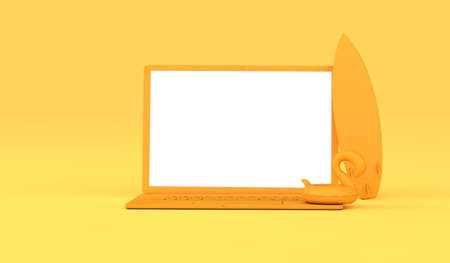 Summer vacation concept, Laptop mockup with surfboard, inflatable flamingo, Holiday travel booking reservation. 3d Renderingの写真素材