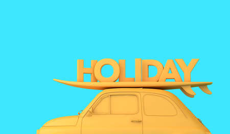 Vintage retro car with a surfboard on the roof and the word Holiday. Road trip vacation background. 3D Renderingの写真素材