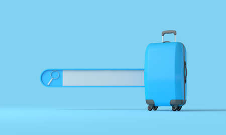 Online summer vacation search. Blank search bar with a travel suitcase. 3D Rendering