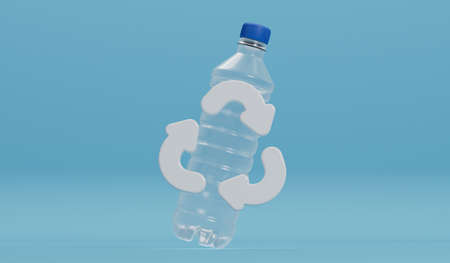 Waste plastic water bottle with a recycling symbol. 3D Rendering