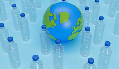 Earth globe with empty plastic bottles. Global plastic pollution concept. 3D Rendering