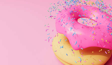 Pink frosted donut background with sprinkles. 3D Rendering