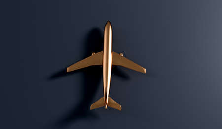 Luxury gold airplane against a dark background. VIP travel concept. 3D Renderingの写真素材