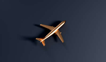 Luxury gold airplane against a dark background. VIP travel concept. 3D Renderingの写真素材