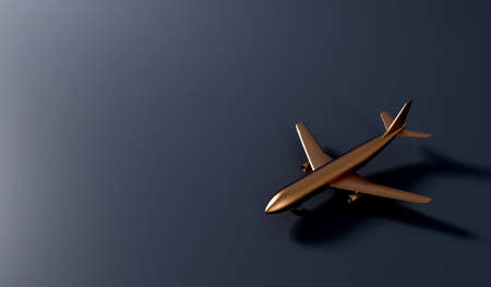 Luxury gold airplane against a dark background. VIP travel concept. 3D Rendering
