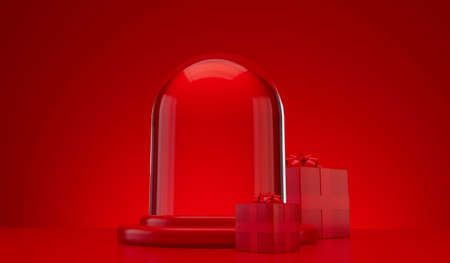 Christmas glass snow globe empty dome for product placement. Festive podium with red gift boxes. 3D Renderの写真素材