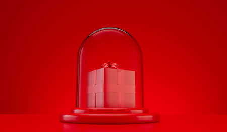 Christmas glass snow globe empty dome for product placement. Festive podium with red gift boxes. 3D...